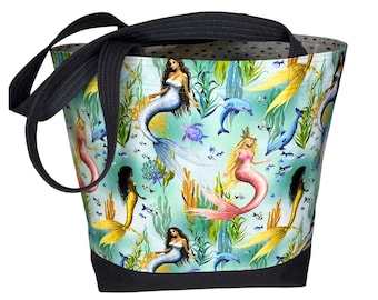 Mermaid Reversible Tote - Handmade Large Bag, Multiple Pockets, Everyday, Travel, Beach