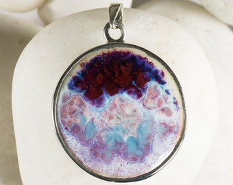 Round porcelain pendant, ceramic pendant, sterling silver, purple glazes, purple sunset clouds