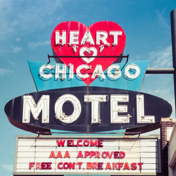 Chicago Photography Print, Heart O Chicago Motel Sign; Available on Canvas and Metal