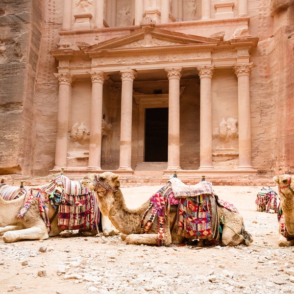 Petra Photography Print, The Treasury and Camels, Petra Jordan Photography, Available on Canvas and Metal