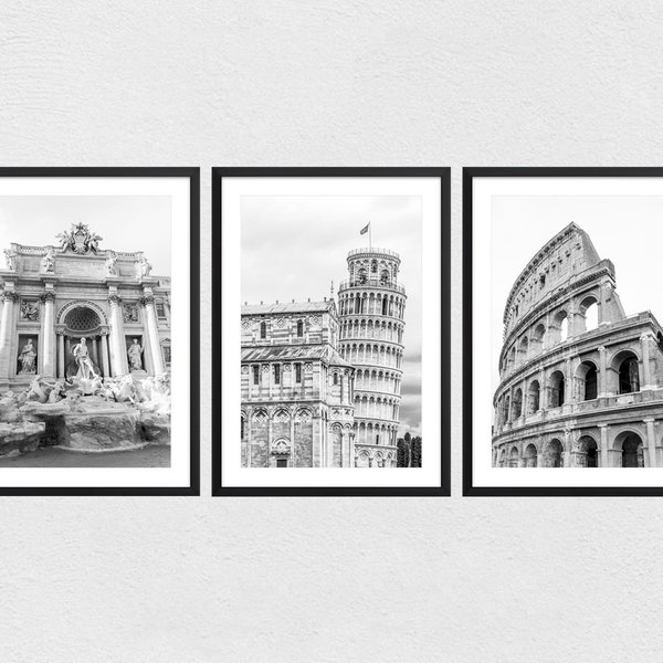 Italy Photography Prints, Set of 3 Prints, Trevi Fountain, Leaning Tower of Pisa, Roman Colosseum, Black and White Photography Prints