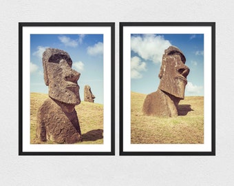 Easter Island Moai Statue Photo Prints, Set of 2 Landscape Prints, Available on Canvas