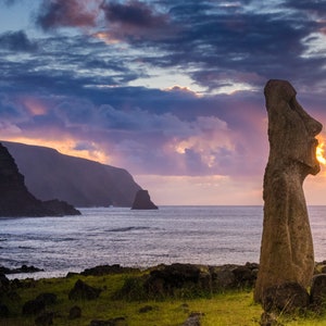 Easter Island Photo Print, Moai Statue at Sunrise on Easter Island, Available on Canvas and Metal image 1