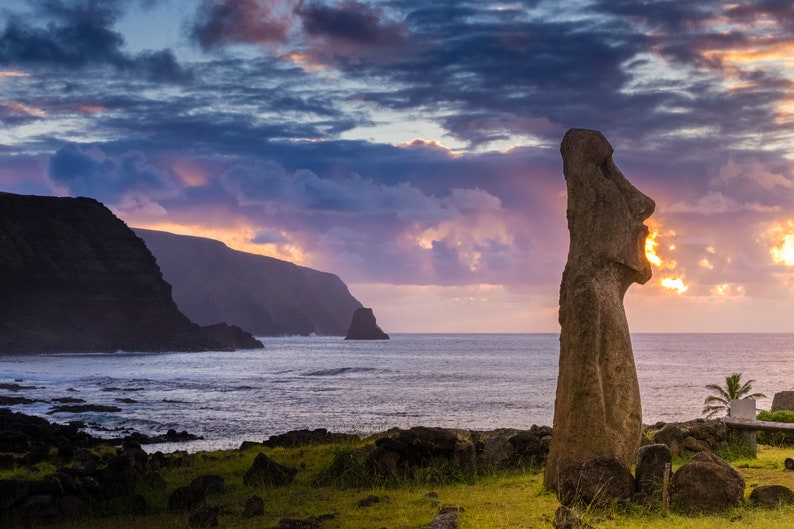 Easter Island Photo Print, Moai Statue at Sunrise on Easter Island, Available on Canvas and Metal image 1