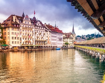 Lucerne Switzerland Photography, Chapel Bridge, Available on Canvas and Metal