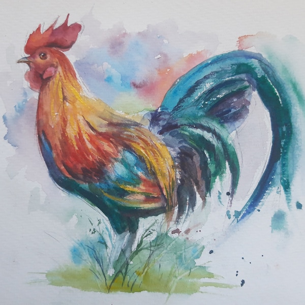 Rooster, Hen, Aquarelle, Animal, Coq, Watercolour painting, Fun Art, Artwork, Peinture