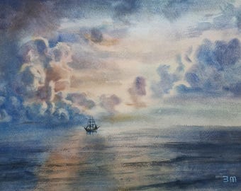 Aquarell Seelandschaft – Bewölkter Himmel Ozean Kunst mit Schiff | Maritime Wandkunst | Küsten Wohnkultur | Original Aquarellmalerei vom Maritim