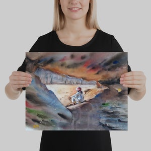 Wadi Rum, Sitzend an den Klippen, Wüste Malerei, Peinture Aquarelle, Wüstenmann, Beduinen, Jordanien, Nomaden, Naher Osten, Aquarell Kunst