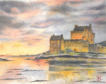 Bellissimo castello, serata sul castello di Eilean Donan, Scozia, arte murale, pittura ad acquerello