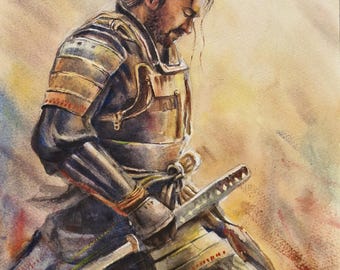 Warrior Watercolor Painting | Japanese Wall Art | Hand-Painted Samurai Decor | Zen Warrior Art | Japanese Warrior Gift | Unique Home Decor