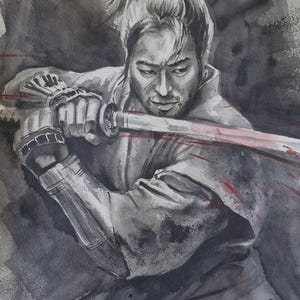 Samurai Warrior Watercolor Painting – Japanese Sword Art Print, Martial Arts Wall Decor, Katana Fighter Ink Illustration, Bushido Home Gift