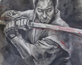 Samurai Warrior Watercolor Painting – Japanese Sword Art Print, Martial Arts Wall Decor, Katana Fighter Ink Illustration, Bushido Home Gift