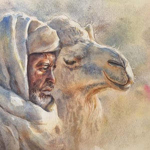 Nomad and Camel Watercolor Painting | Desert Wall Art | Middle Eastern Decor | Bedouin Portrait | Animal and Human Bond Art | Orientalism