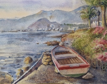 Acuarela de barco junto al mar: arte costero de verano, decoración de pared náutica, paisaje costero, escena de barco en el océano, pintura de playa, arte hecho a mano