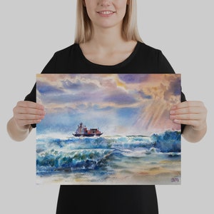 絵画、水彩画、嵐、海上ボート、曇り空、水彩画、嵐の中の船、海景