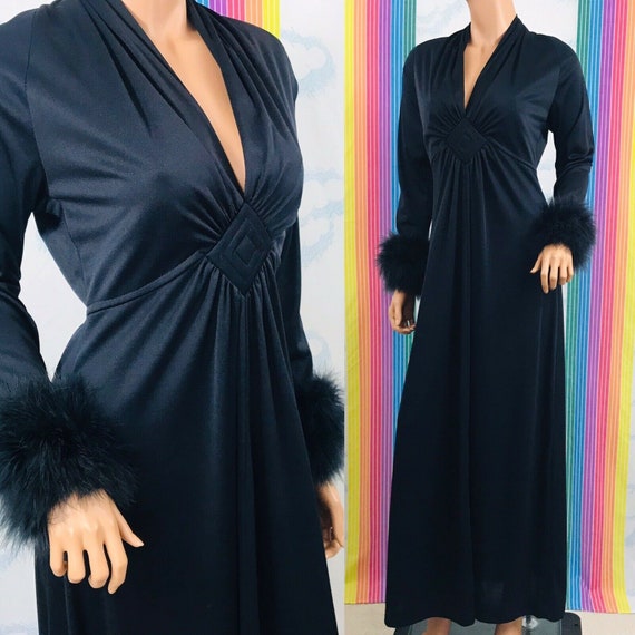 vintage black evening gown dress marabou feather c
