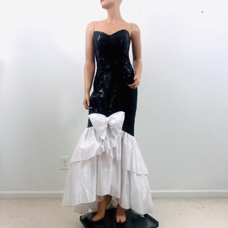 Vintage 80s Nadine sequin Prom dress black white fish tail mermaid wiggle formal