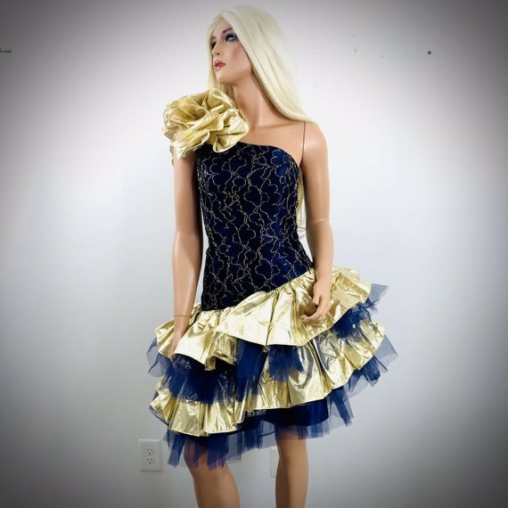 vintage 1980s Loralie gold blue lace ruffled prom
