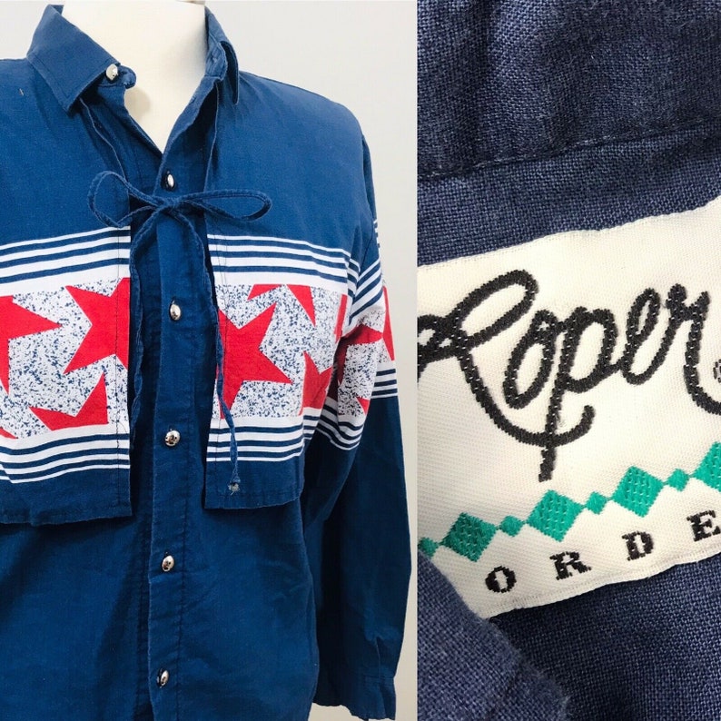 Vintage Roper Border western wear shirt stars Flap USA red white blue womens T49