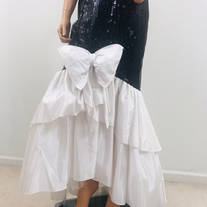 Vintage 80s Nadine sequin Prom dress black white fish tail mermaid wiggle formal