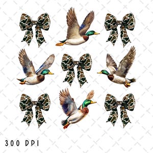May include: Six digital illustrations of green and brown camouflage bows and mallard ducks. The ducks are flying with their wings spread. The bows are tied with a knot in the center.