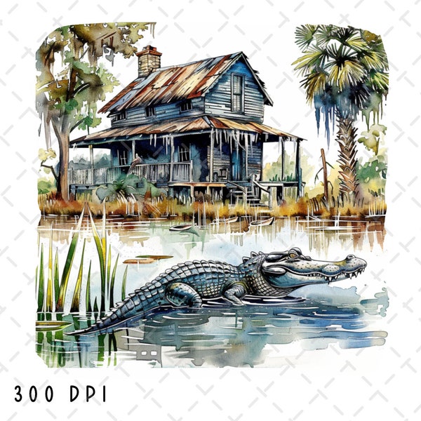 Alligator et cabane PNG, sublimation des marais, crocodile PNG, paysage aquarelle png, clipart cabane, alligator sublimation, téléchargement numérique