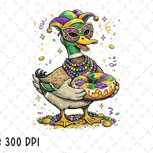 Mardi Gras Mallard PNG, Carnival Duck Sublimation, New Orleans Beads, King Cake Design, Digital Download