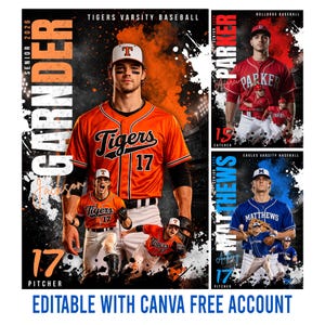 May include: Baseball team poster featuring three players in their team uniforms. The main image shows a player in an orange Tigers jersey with the number 17. The poster includes the text "Tigers Varsity Baseball" and "Editable with Canva Free Account."