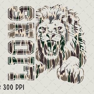 May include: A digital graphic of a roaring lion with the word "GOD" in a camouflage pattern. The lion's face and mane are detailed in shades of brown, green, and white. The text "PNG 300 DPI" is at the bottom.