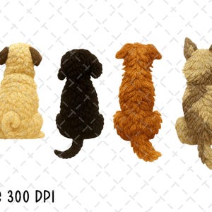 May include: Four dog figurines in a row, viewed from the rear. The dogs are in shades of tan, black, and reddish-brown. The text "PNG 300 DPI" is at the bottom.