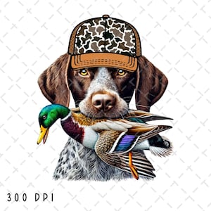 Sublimation de chien de chasse, sublimation de chasse de canard, png de chasseur de canard, png de chien de chasse, png de chien de chasse de pointeur, casquette de camouflage, téléchargement numérique