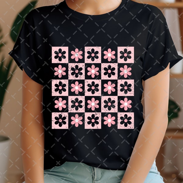 Pink Flowers Checkered PNG File, Flowers Sublimation, Distressed Checkered Design Download, Checkerboard Boho Flowers T-Shirt Designs