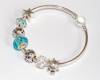 BEAUTIFUL Silver Bangle Bracelet with Turquoise charms "Pandora style"