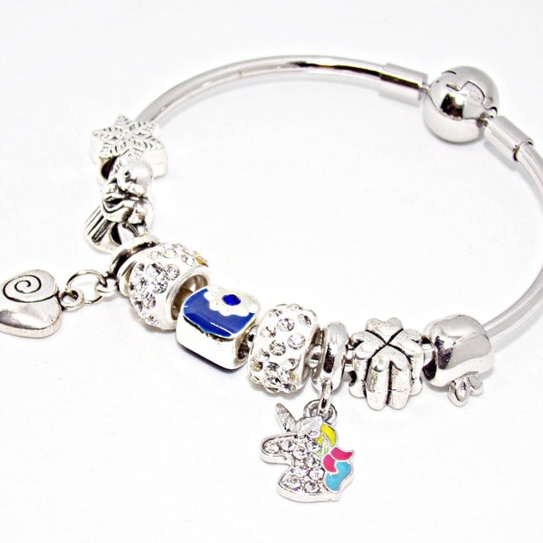 Bracelet Jonc ENFANT avec des charms Argent et bleus de style Pandora