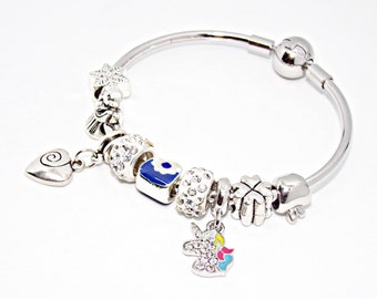 CHILDREN'S bangle bracelet with Pandora style silver and blue charms