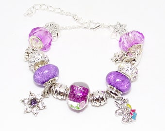 CHILD bracelet with silver and purple Pandora style charms