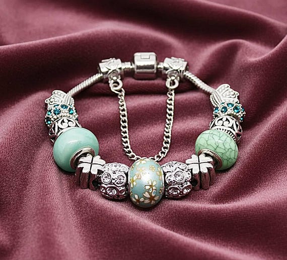Pandora-style Bracelet With Silver and Celadon Green Charms - Etsy