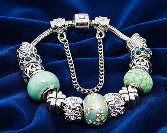 PANDORA ブレスレット 青と緑　シルバー Pandora-style Bracelet With Silver and Celadon Green Charms - Etsy