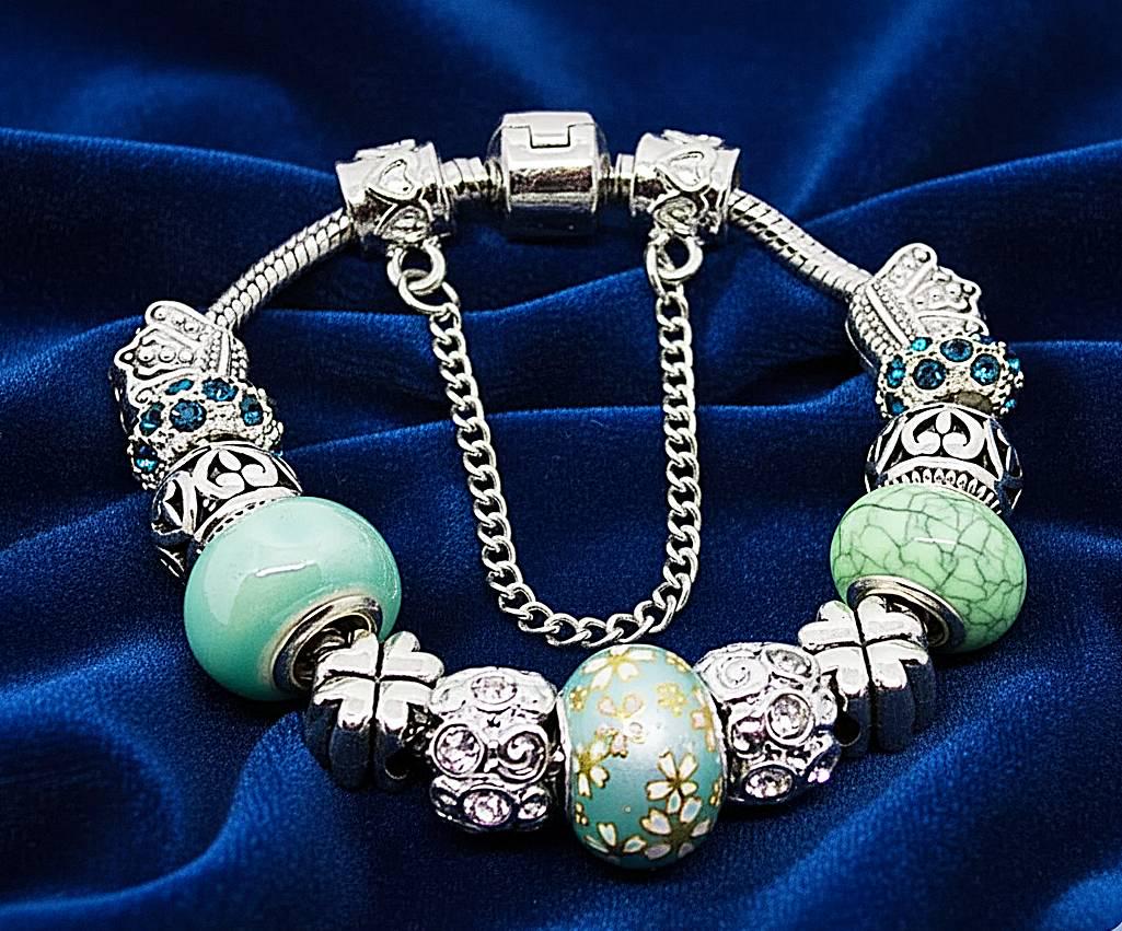 PANDORA ブレスレット 青と緑　シルバー Pandora-style Bracelet With Silver and Celadon Green Charms - Etsy