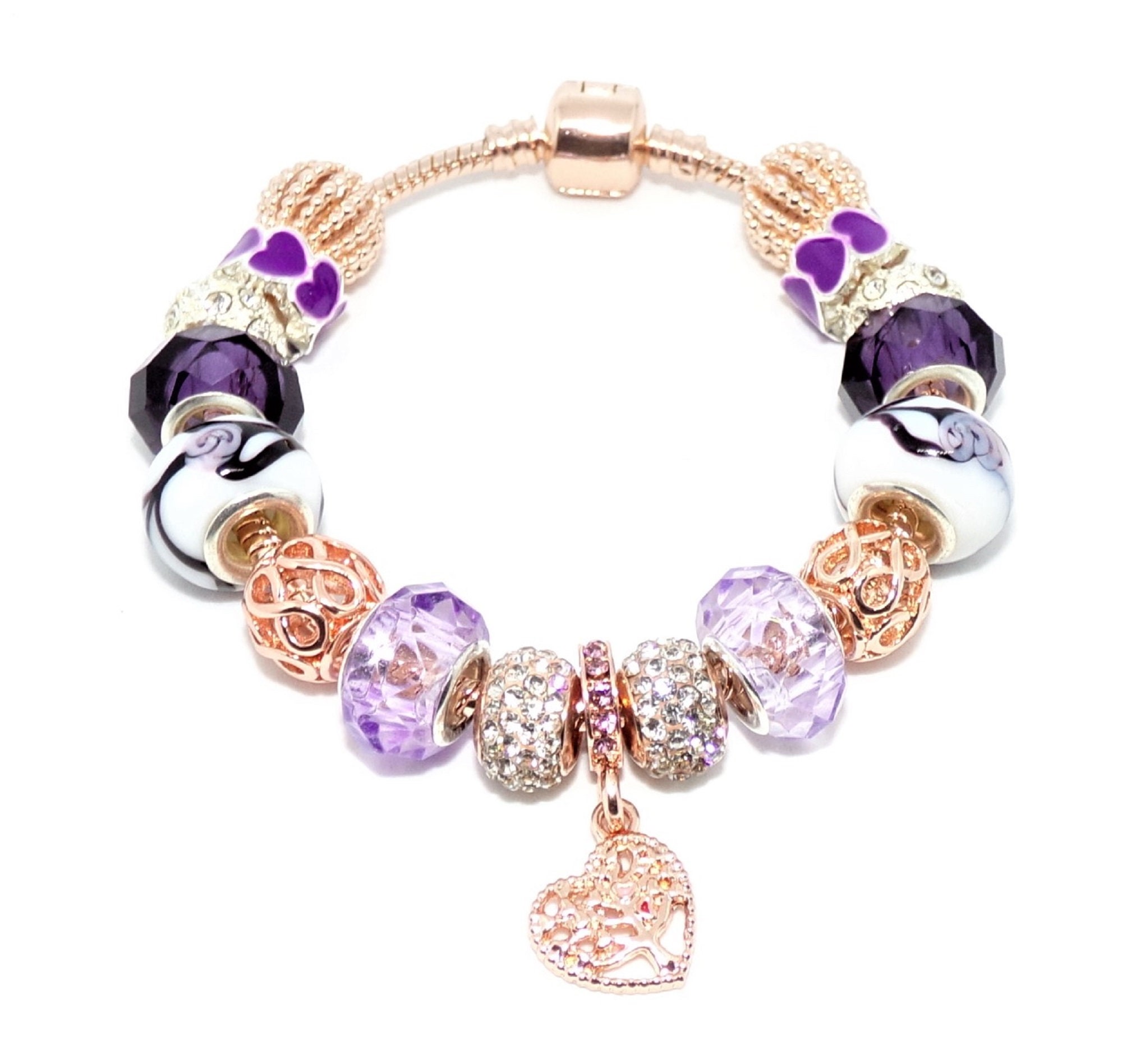 Bracelet With Pandora style rose Gold and Purple Charms Etsy