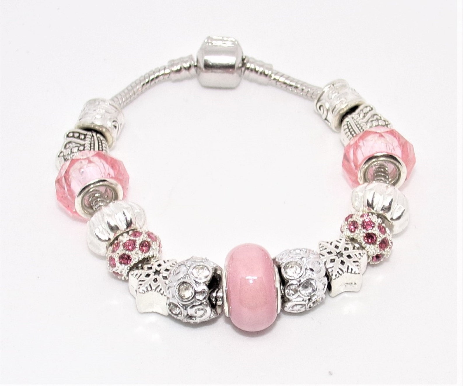 Bracelet With Silver and Pink Charms Pandora Style Etsy UK