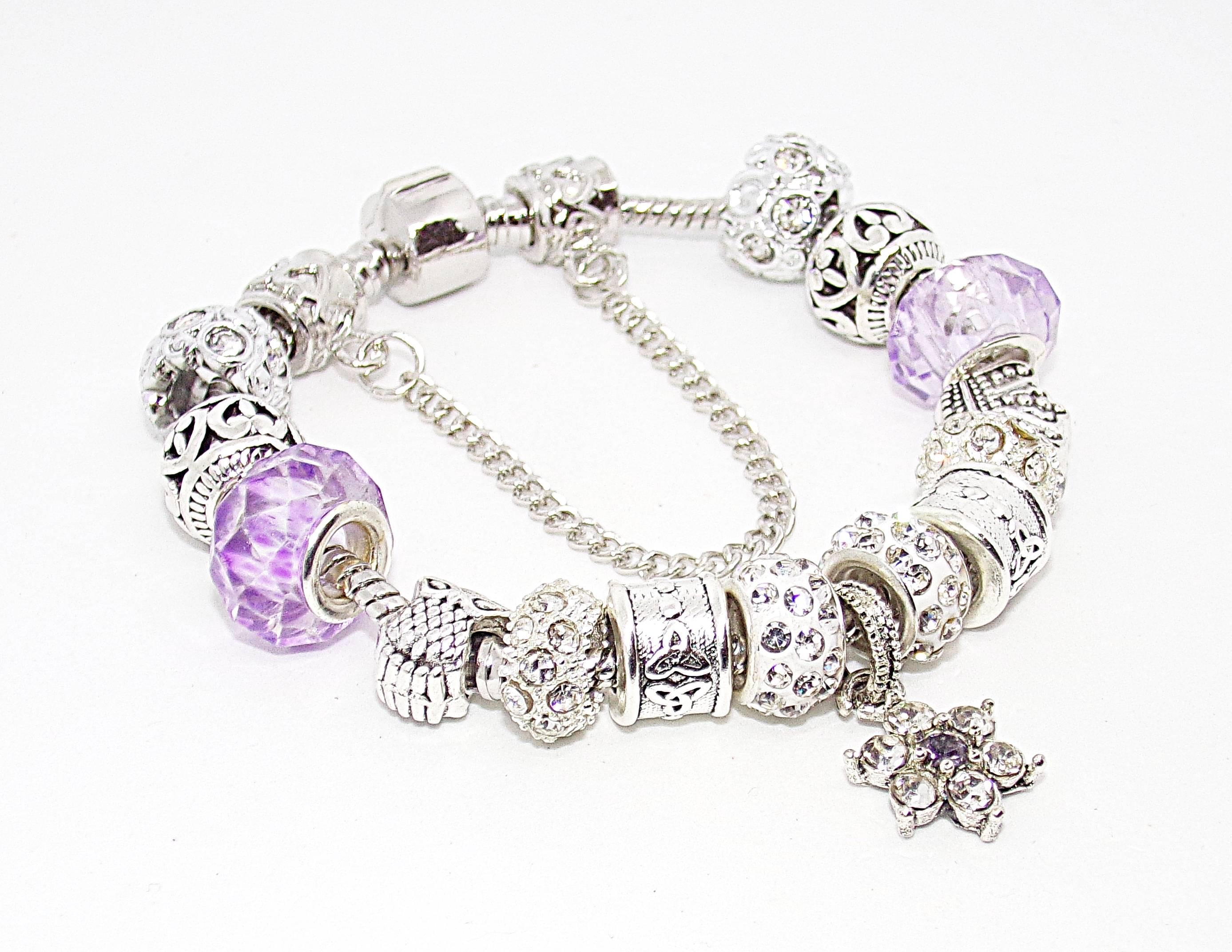Bracelet with Silver and Purple Charms in Pandora Style