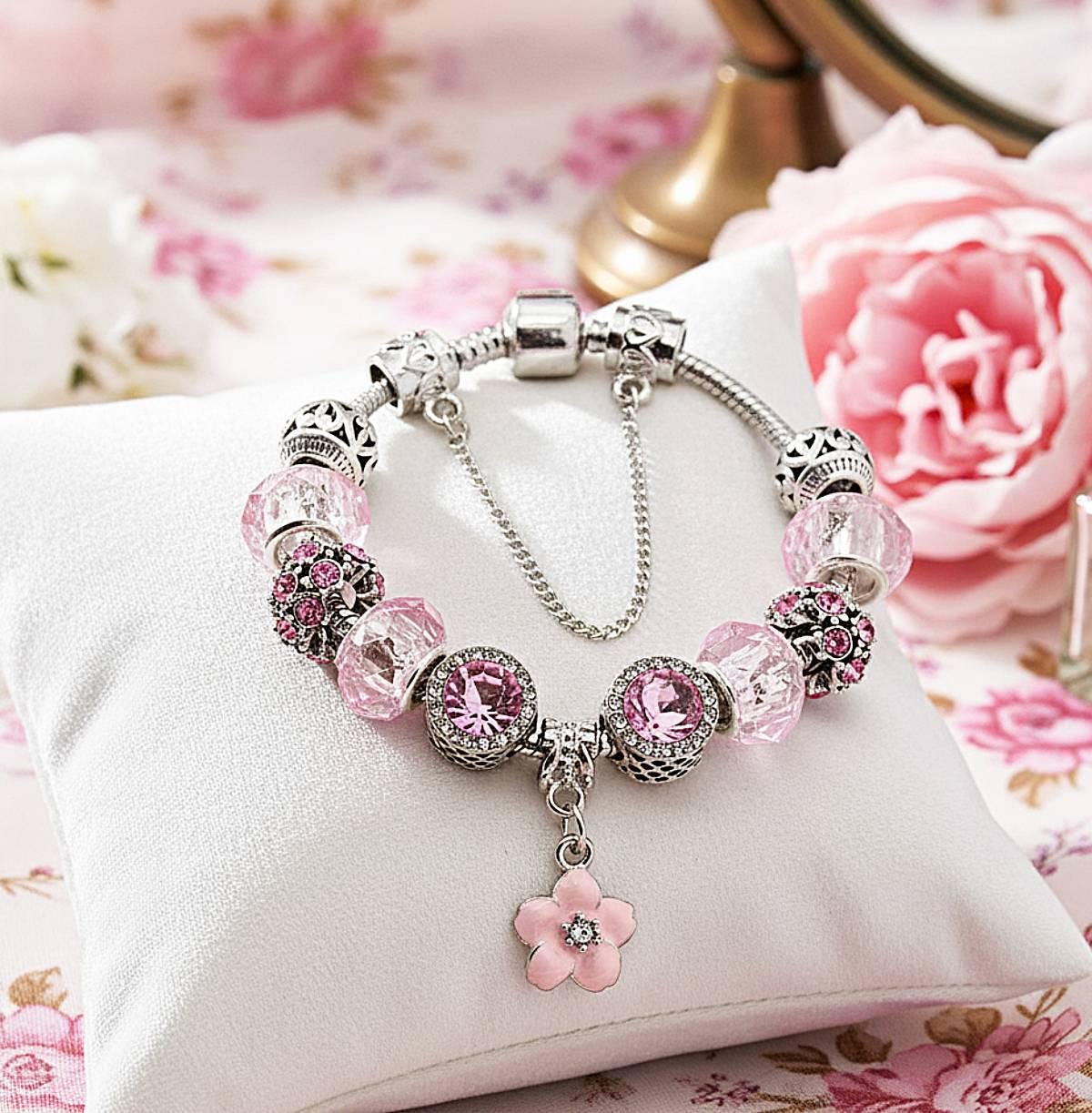 Bracelet With Silver and Pink Pandora-style Charms - Etsy