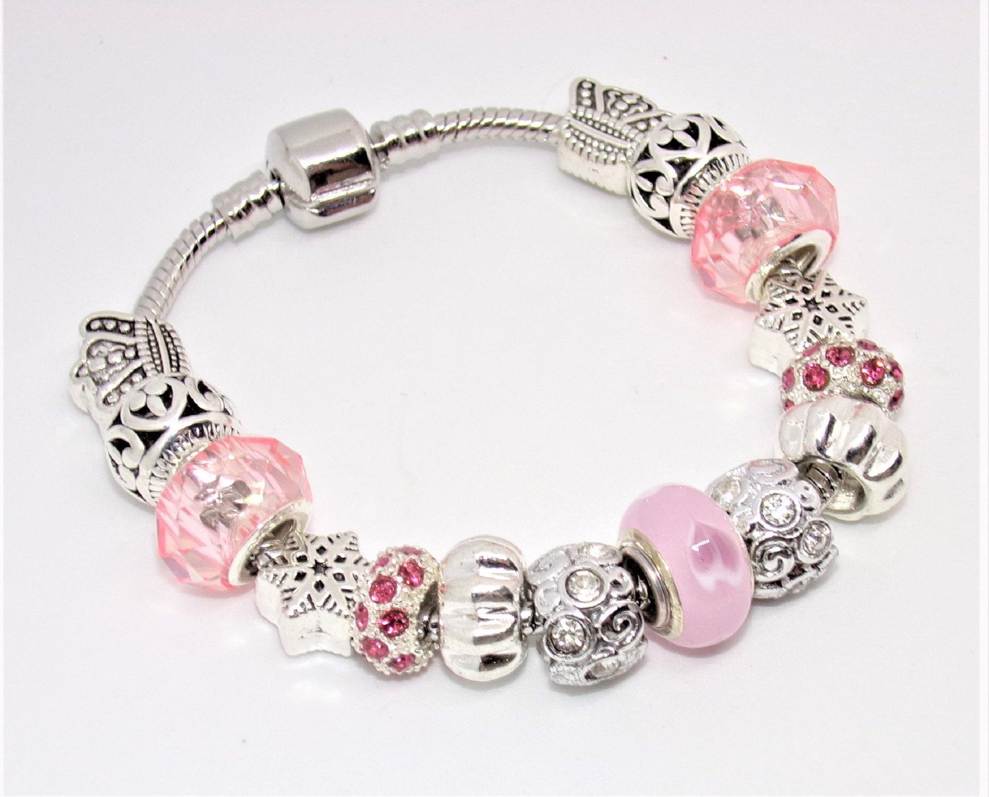 Bracelet with Silver and Pink Charms Style Pandora Etsy