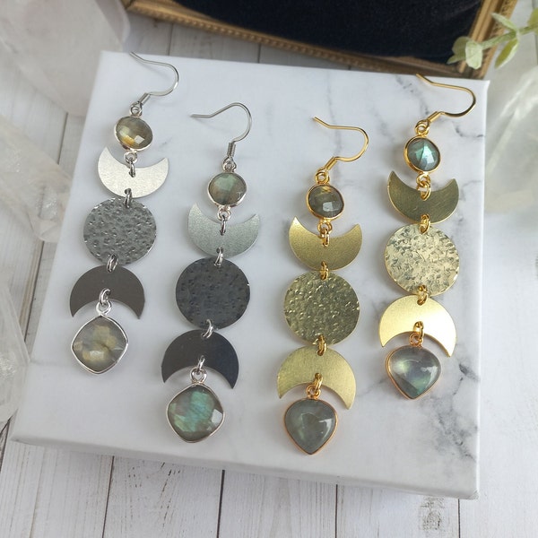 Moon phase earrings with labradorite,long,moon,stainless steel,brass,blue flash,gemstone,witchy,celestial,lunar,statement,whimsigoth