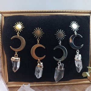 moon and sun quartz dangle earrings,stud,post,clear gemstone,crystal,cosmic,boho,modern,statement earrings,celestial,whimsical,electroplated