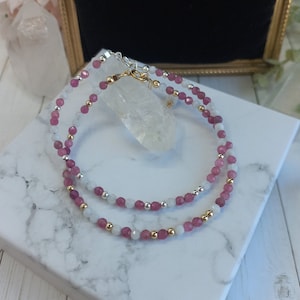 Dainty Pink Tourmaline and Moonstone Bracelet,Gold Filled,Sterling Silver,Beads,White Gemstone,Layering,Stacking,Minimalist,Love,Boho,Mix