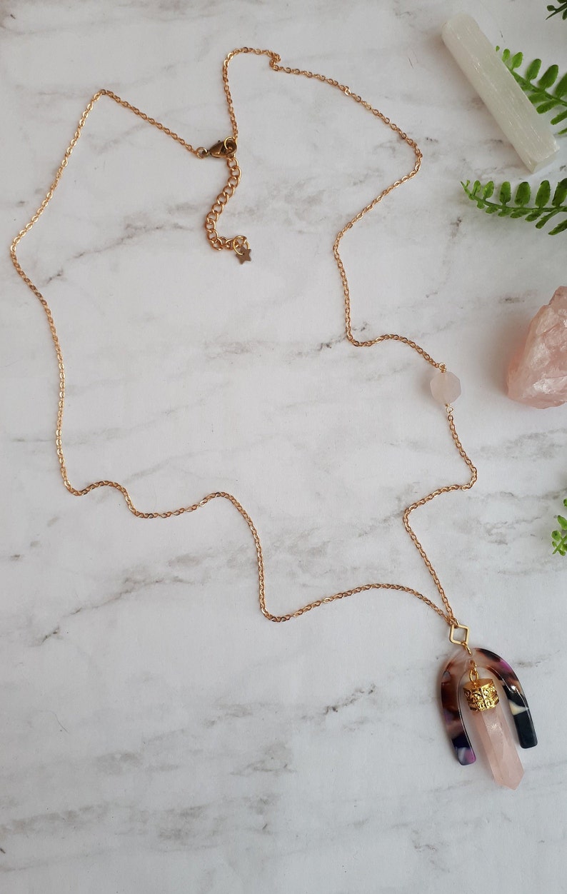 rose quartz geometric necklace,U shaped pendant,brass,arch drop,acrylic tortoise shell,pink gemstone,crystal statement necklace,modern,boho