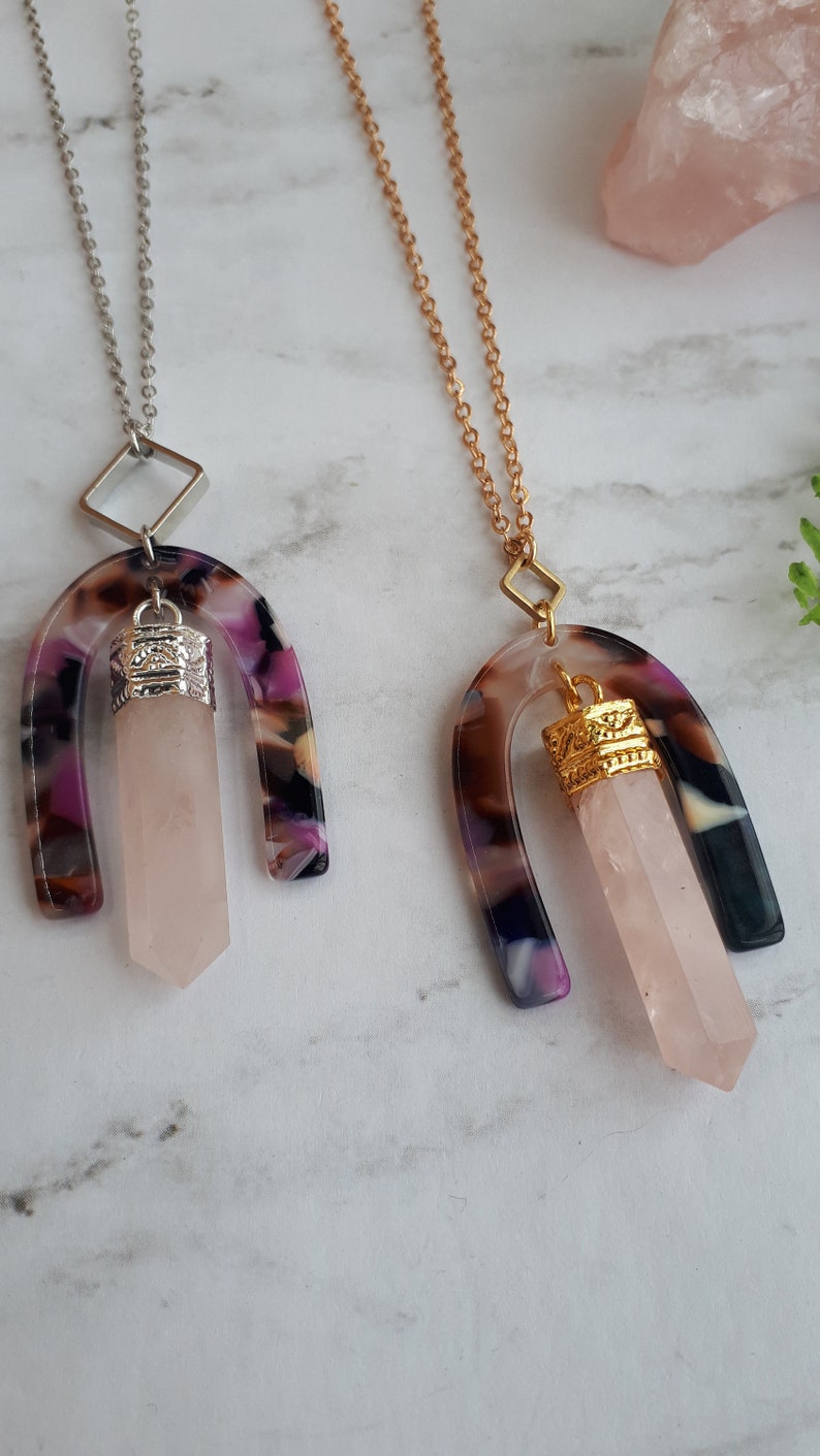 rose quartz geometric necklace,U shaped pendant,brass,arch drop,acrylic tortoise shell,pink gemstone,crystal statement necklace,modern,boho