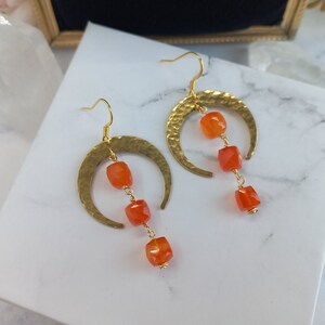 carnelian and moon earrings,crescent,brass,orange gemstone,hammered,modern,celestial,crystal cube beads,statement earrings,geometric,boho